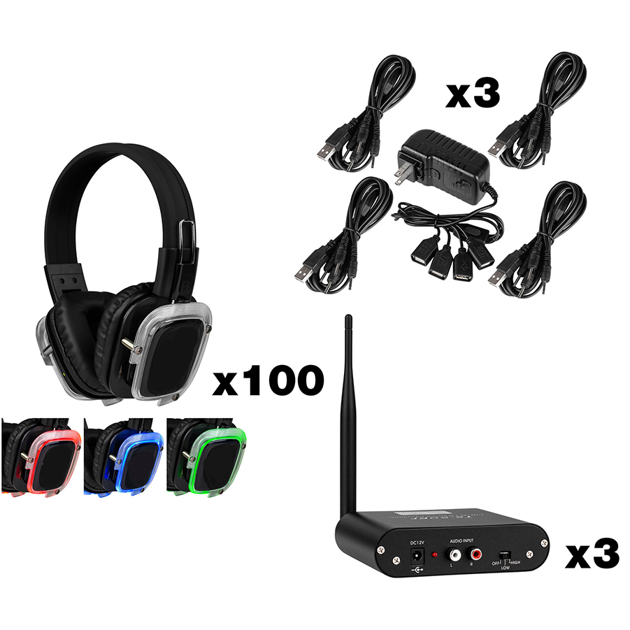 Silent disco set met 50 hoofdtelefoons en 3 zenders